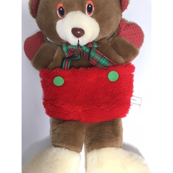 Vintage Christmas Stocking Plush Teddy Bear Tan Brown Red Overalls Santa hat 18" - Picture 3 of 9